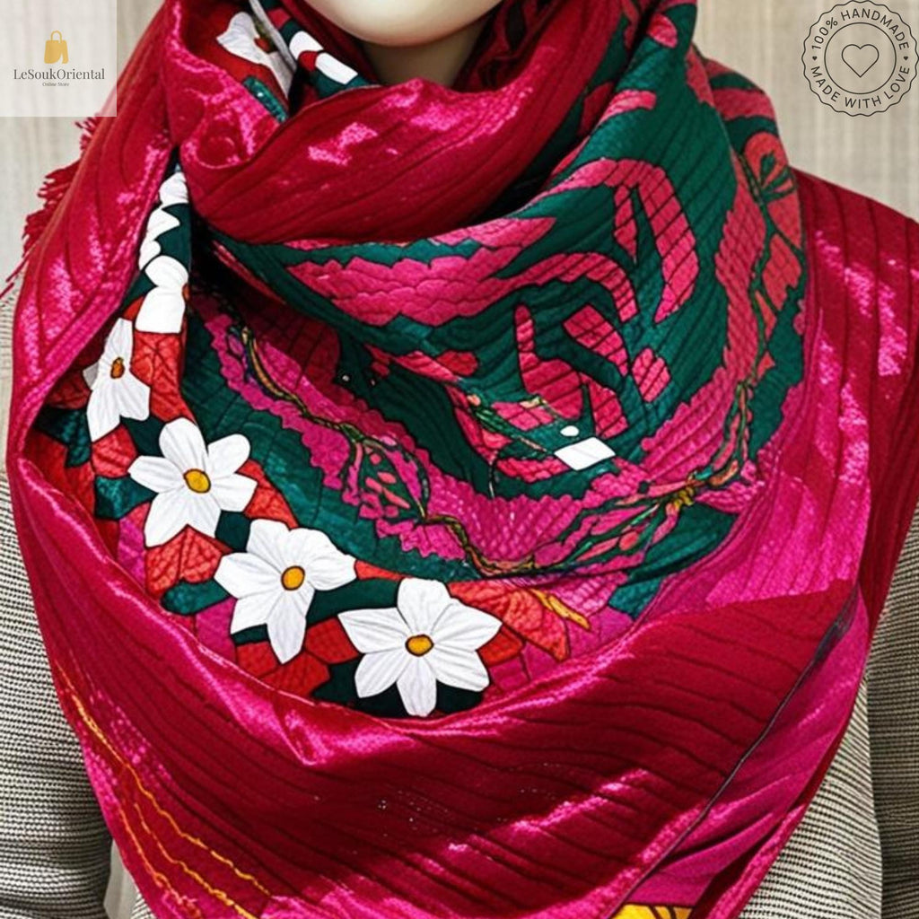 Foulard berbère traditionnel - Écharpe colorée avec motifs floraux - Artisanat marocain