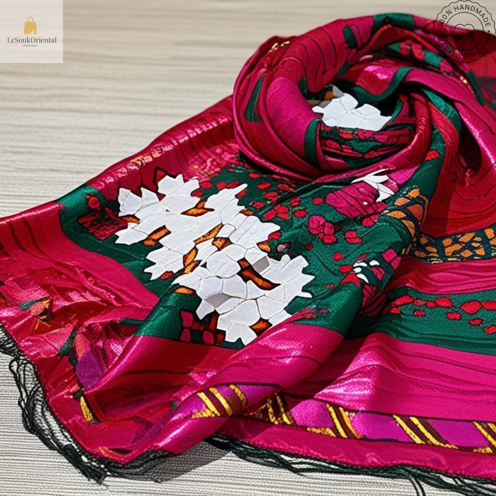 Foulard berbère traditionnel - Écharpe colorée avec motifs floraux - Artisanat marocain