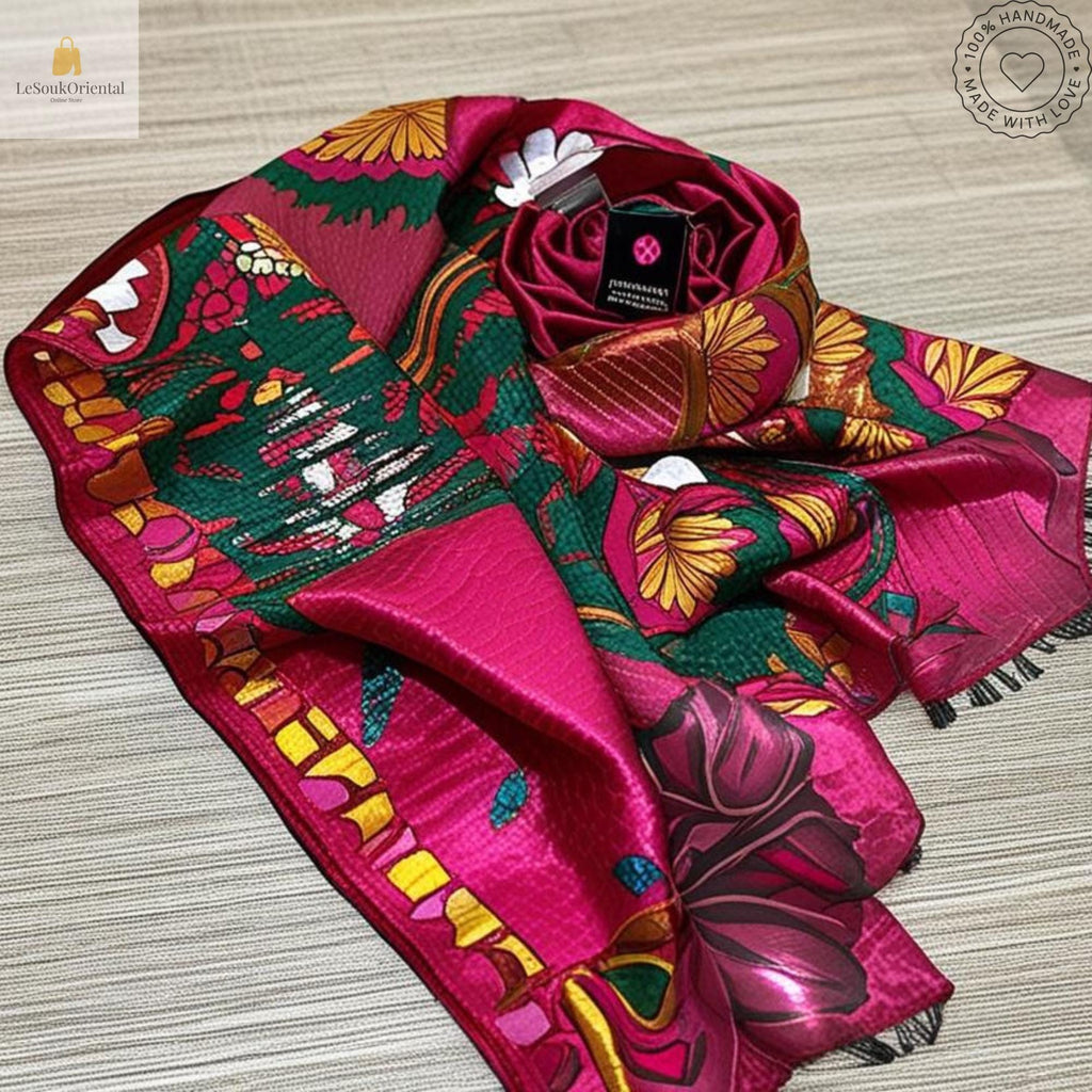 Foulard berbère traditionnel - Écharpe colorée avec motifs floraux - Artisanat marocain