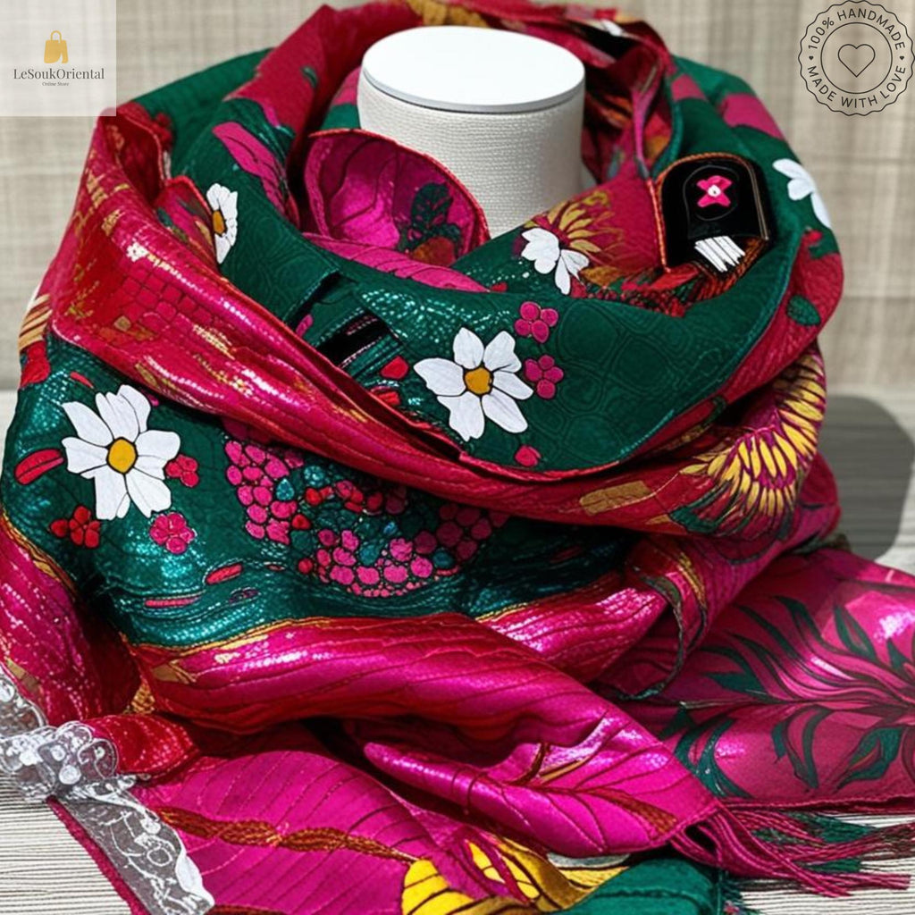 Foulard berbère traditionnel - Écharpe colorée avec motifs floraux - Artisanat marocain