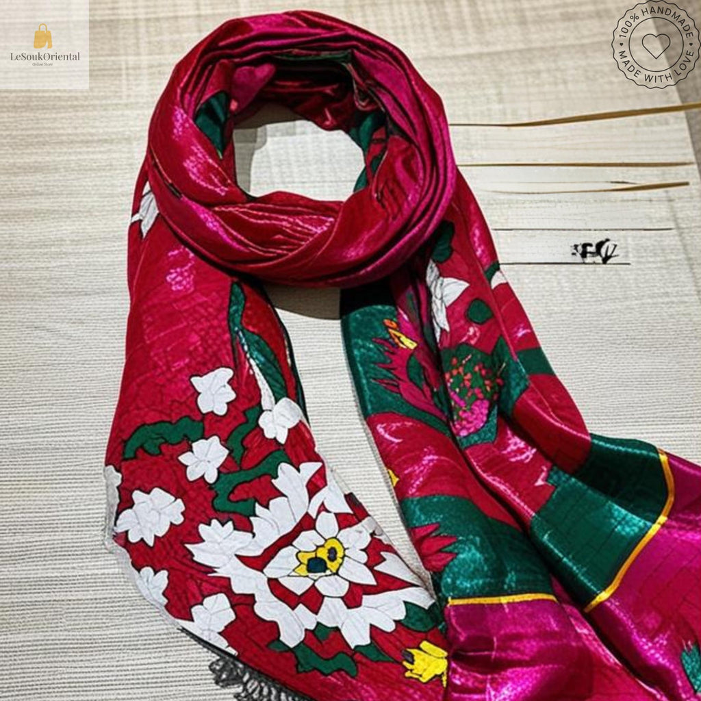 Foulard berbère traditionnel - Écharpe colorée avec motifs floraux - Artisanat marocain