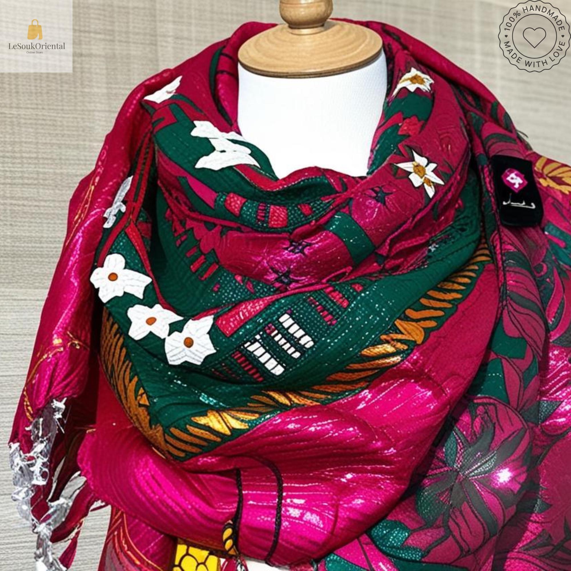 Foulard berbère traditionnel - Écharpe colorée avec motifs floraux - Artisanat marocain
